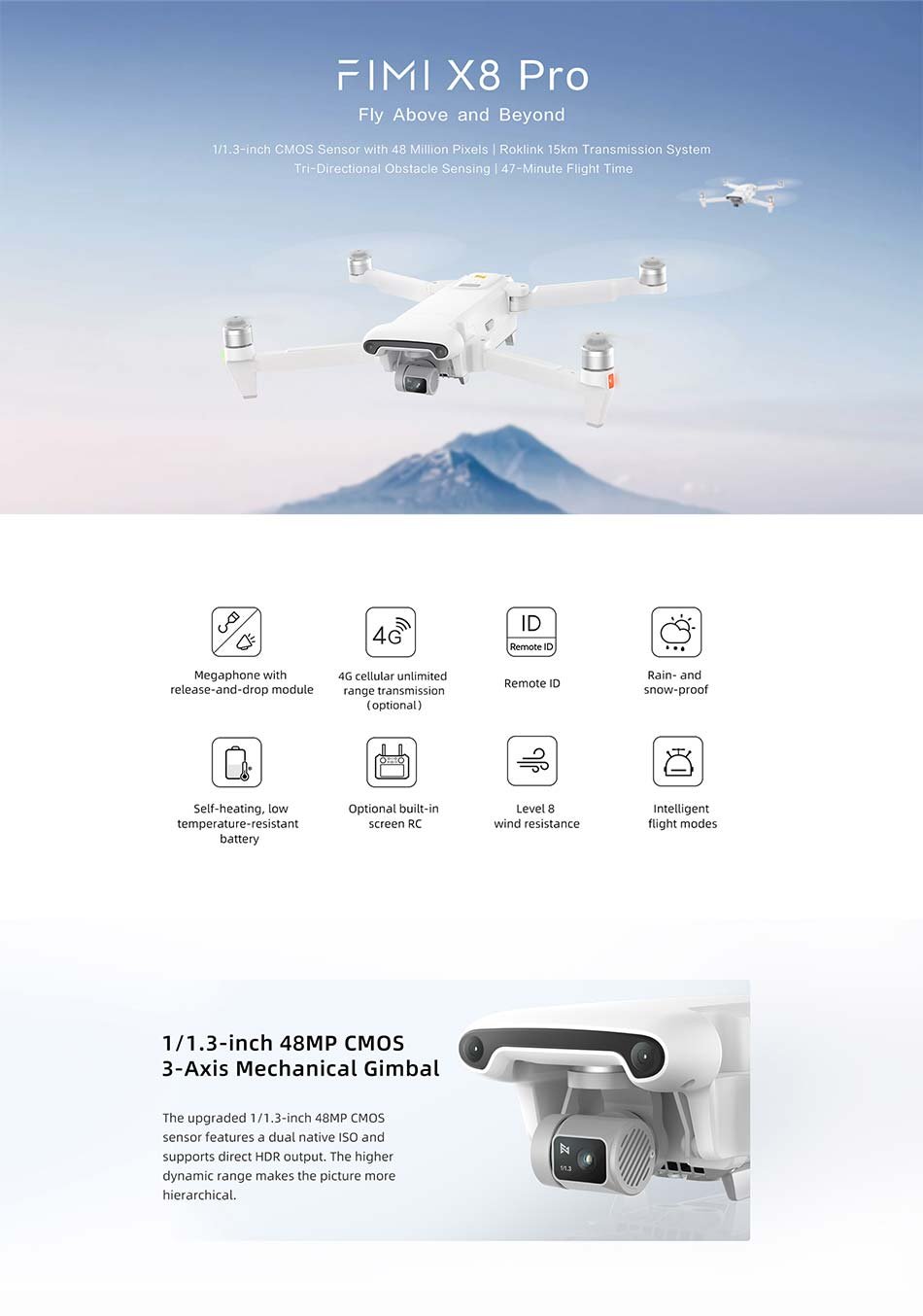 FIMI X8 PRO 4K Drone Profesional GPS 15KM 1/1.3-inch CMOS 3-Axis Gimbal Tri-Directional Obstacle Avoidance RC Quadcopter