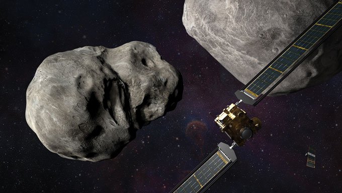 Illustration of NASA DART spacecraft shoving the distant asteroid moonlet Dimorphos off course in 2022.