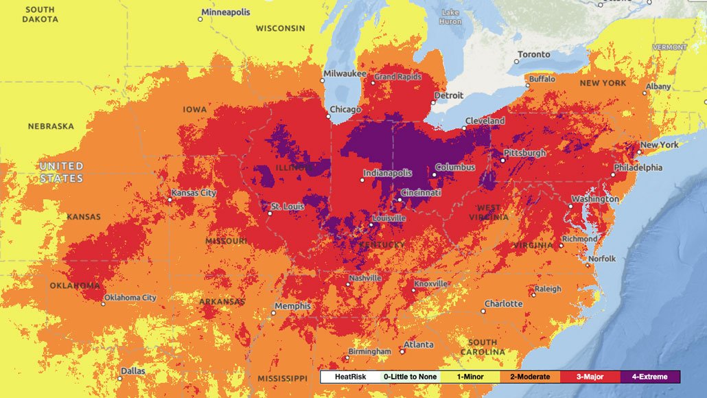 A map of the midwestern and eastern United States shows the risks of extreme heat on June 22. Magenta, or extreme risk, in Ohio, Indiana and Illinois is surrounded by red, or major risk. Orange, or moderate risk, encompasses the red and magenta, stretching from Texas to Wisconsin and New York. The rest of the states in the photo are yellow, or minor risk.