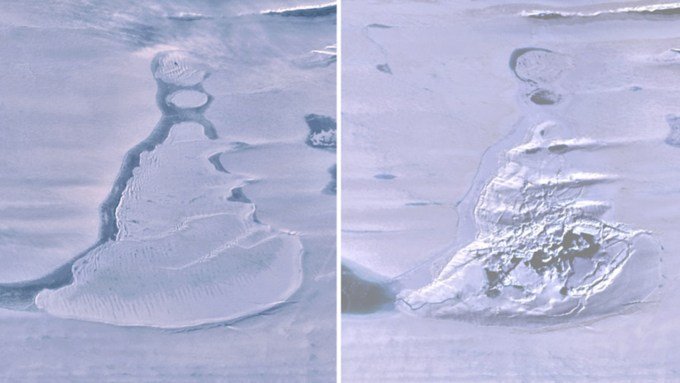 satellite images from before and after drainage of an ice-covered lake in Antarctica