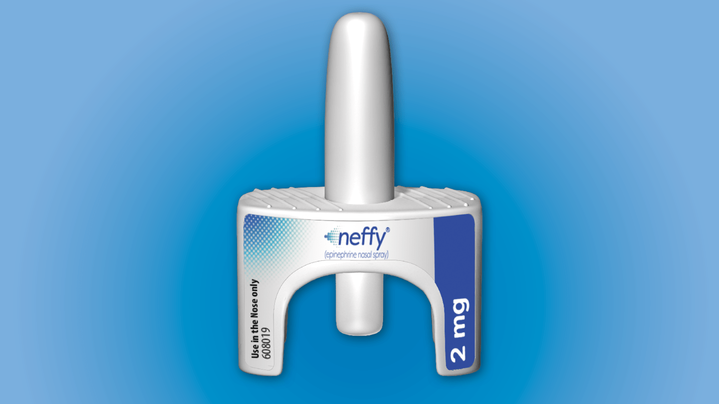 A picture of an epinephrine nasal spray for the treatment of severe allergic reactions.