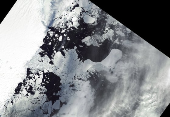 The Conger ice shelf is seen starting to break apart from space, pictured as a fracturing white mass on the ocean