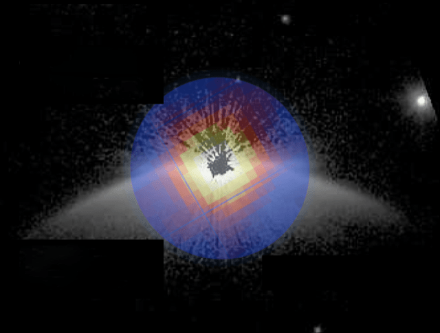 Concentric rings of yellow, red and blue pixels, superimposed on an arc of white speckles on a black background