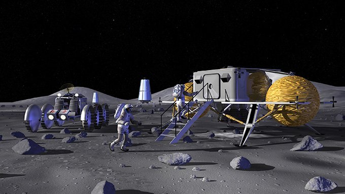 An illustration of astronauts climbing up a ladder into a small building on the moon. A six-wheeled rover sits nearby.