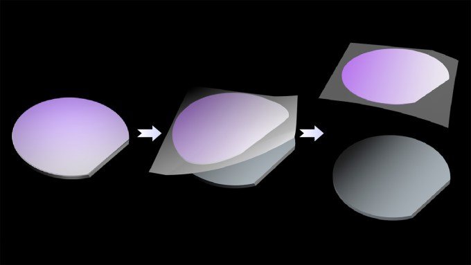 Three illustrations show a diamond-covered silicon wafer, tape peeling away that layer, and the diamond completely separated from the silicon.