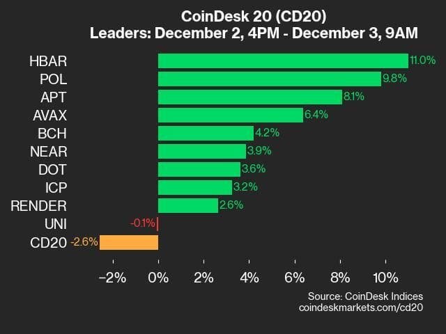 9am CoinDesk 20 Update for 2024-12-03: leaders chart