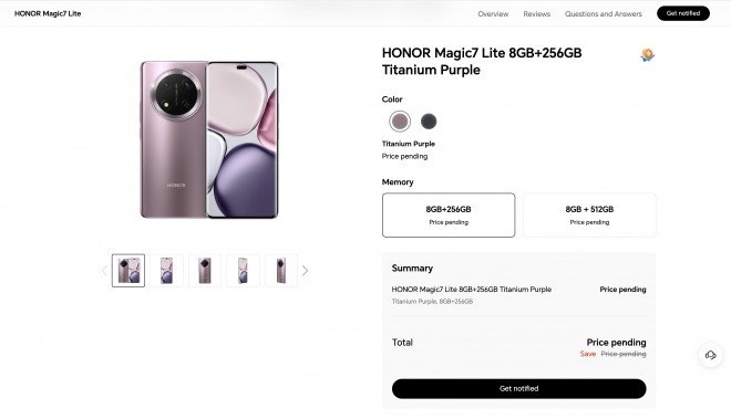 Honor Magic7 Lite listing (machine translated from Italian)